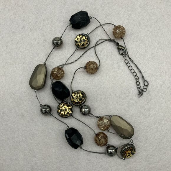 Gunmetal Crackle Glass Leopard Layered Station Necklace & Earrings Set - Picture 6 of 8